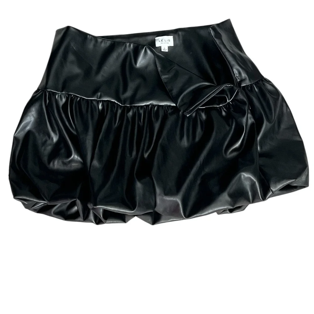 LELIS Faux Leather Bubble Mini Skirt‎ Black High Waist Clubwear Y2K Size L
